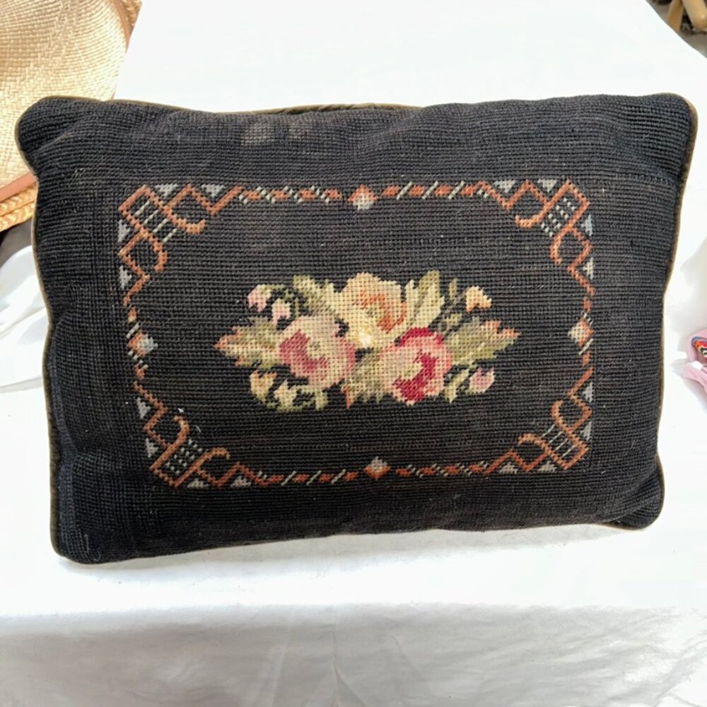 Vintage Antique Handmade 1920’s Floral Needlepoint Pillow-Chocolate Velvet